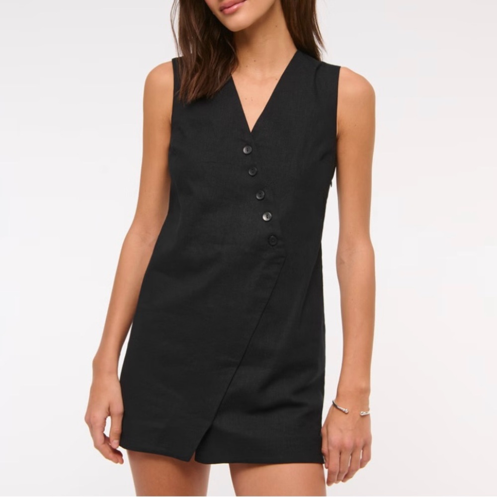 NWT Abercrombie Linen-Blend V-Neck Button Mini Dress Large L